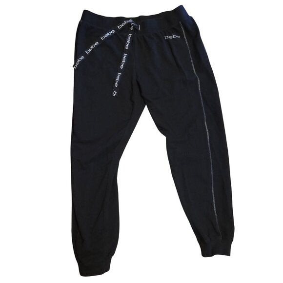 Bebe Women's Size XL Black Joggers With Logo Contrast Stitching Drawstring Waist - Picture 7 of 10